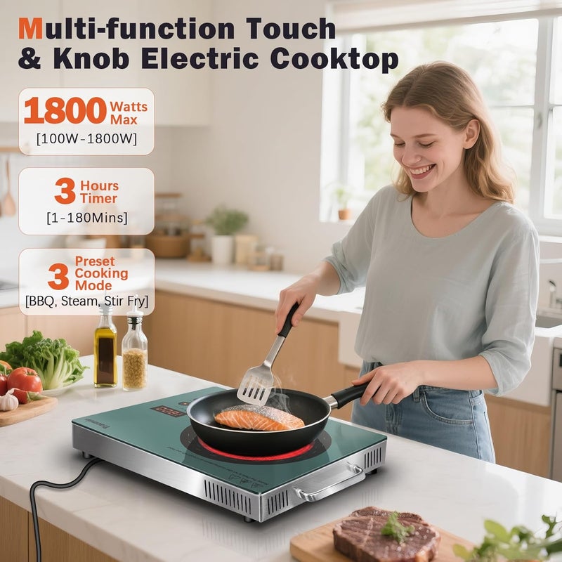 Traenvir Single Burner Electric Cooktop, 110V One Burner Electric Stove with Handle, 1800W Protable Ceramic Stove top for Outdoor, Dorm, Home, RV, Child Lock, Timer, Steam, BBQ, Stir Fry, Green - Image 2